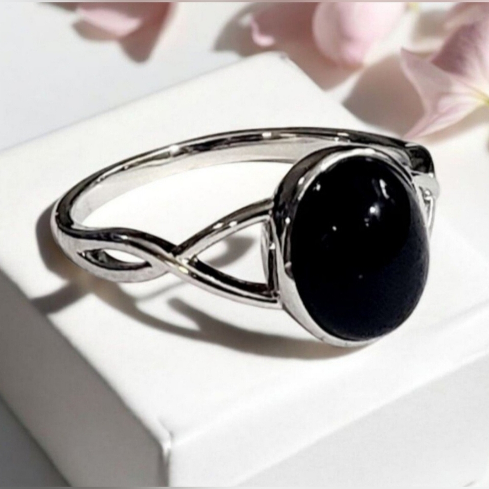 Sterling Silver Black Agate Moonstone Ring Womens Jewelry